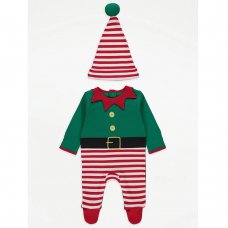 GX509: Baby Christmas Green Elf Striped All In One and Hat Outfit (3-24 Months)